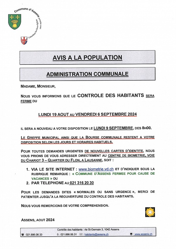 Fermeture du bureau du contrôle des habitants du 19 août au 6 septembre 2024