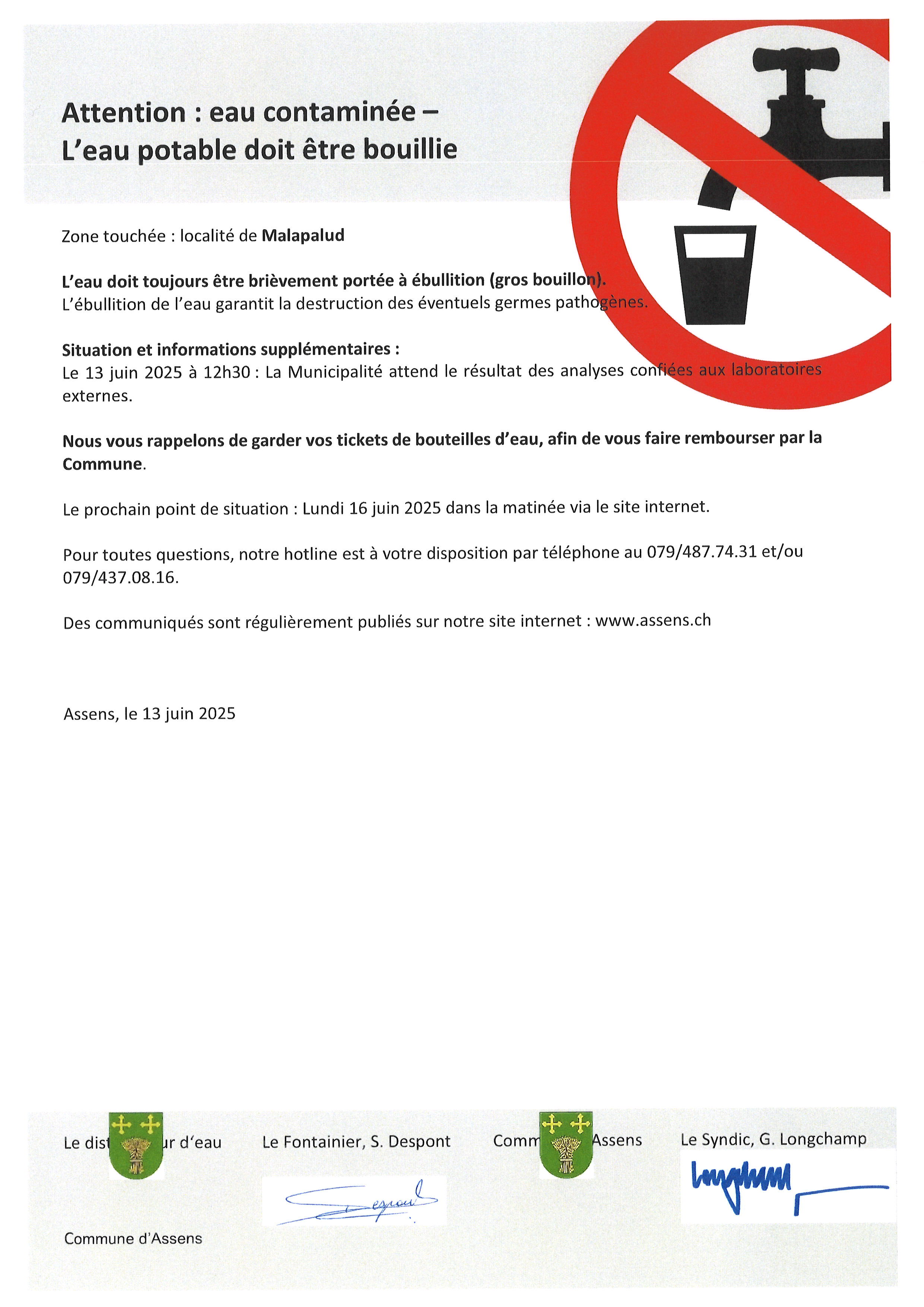 Eau contaminée - Localité de Malapalud : situation au 13 juin 2025 à 12h50