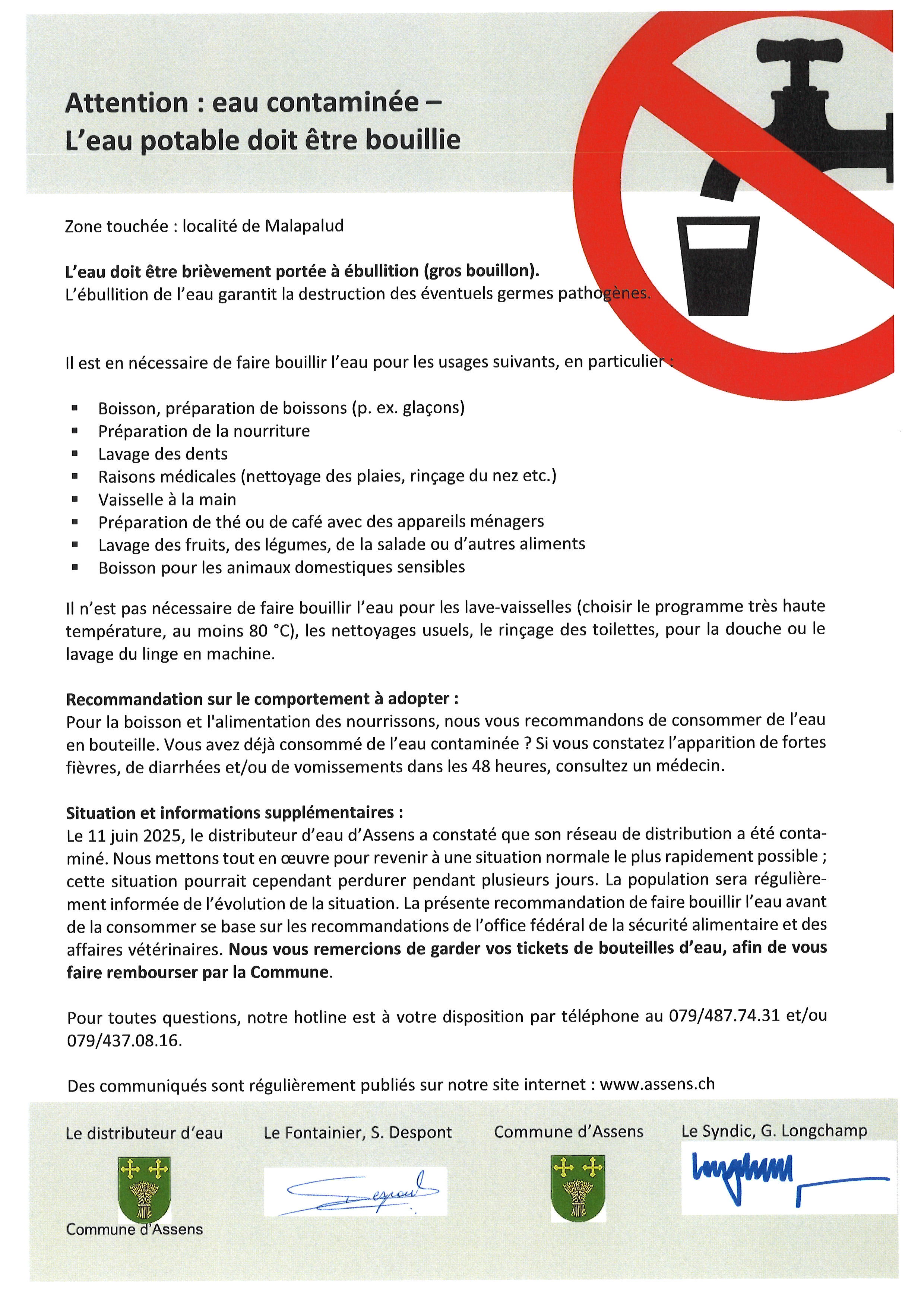 ATTENTION : Eau contaminée pour la localité de Malapalud