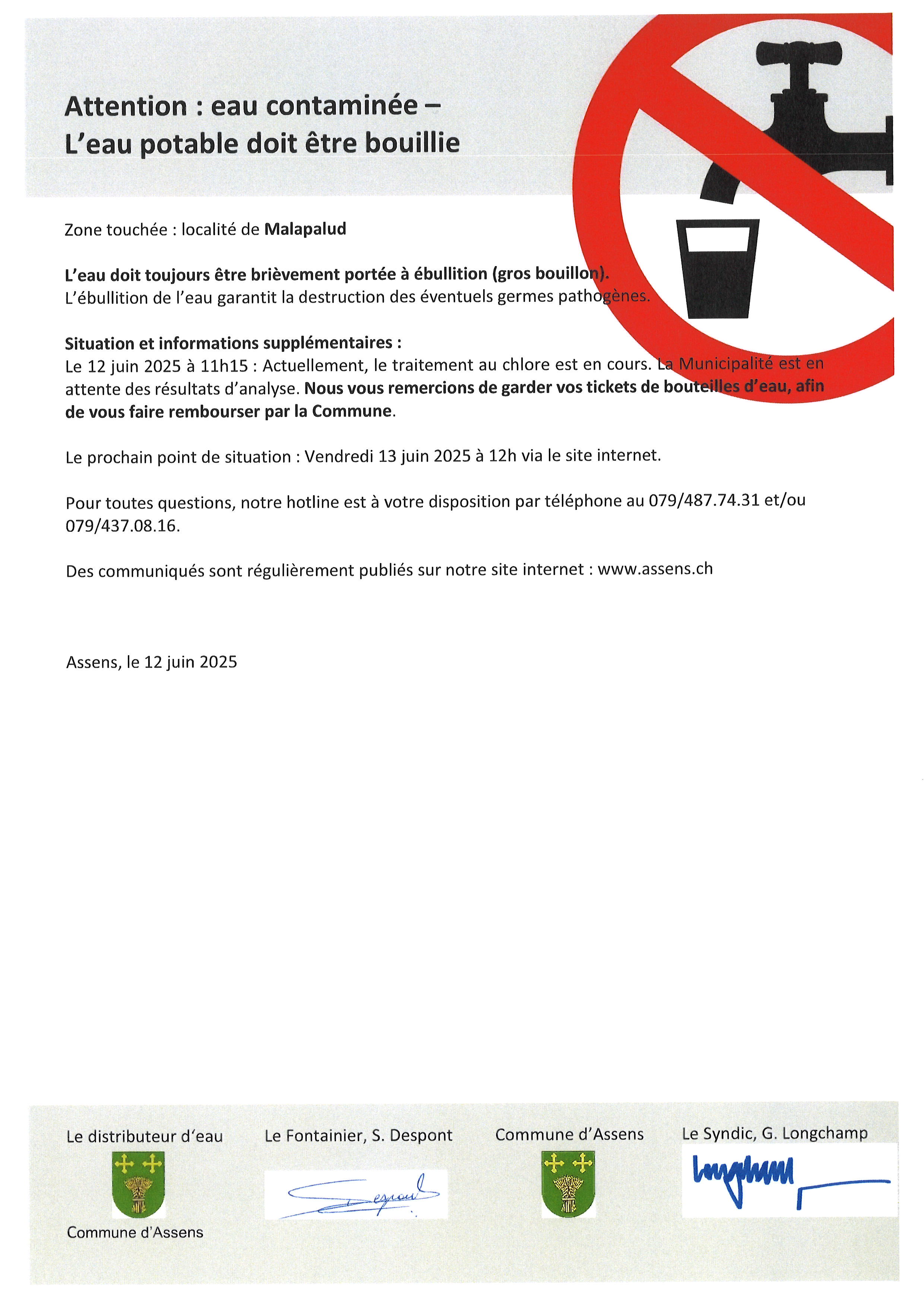 Eau contaminée - Localité de Malapalud : situation au 12 juin 2025 à 11h15