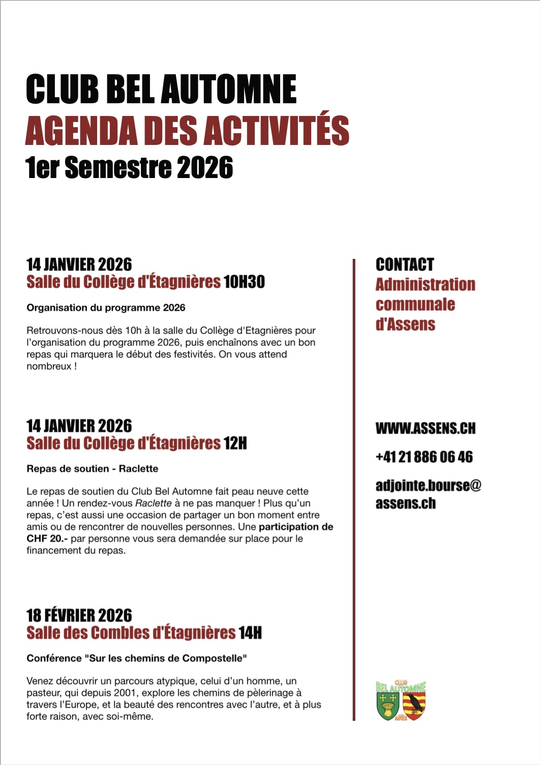 Programme des activités du Club Bel Automne